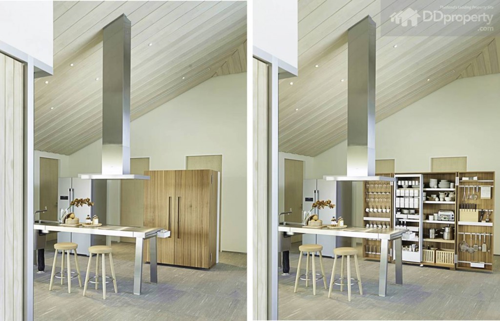 มุมครัวที่ดูสวยงามและโดดเด่นไม่แพ้มุมอื่นๆ ด้วยพื้นที่ใช้สอยที่โปร่งโล่ง ความสูงเพดานในแบบไล่ระดับตั้งแต่ 2.2-5.5 เมตร พร้อมตู้เก็บของที่สามารถพับเก็บได้ ซึ่งเป็นดีไซน์พิเศษ