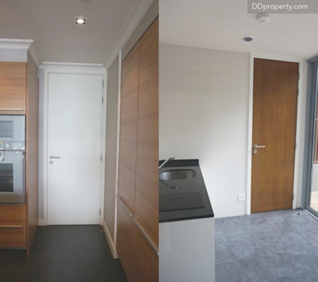 โซนข้างหลังครัวจะเป็นประตูที่จะเปิดไปยังส่วนของจุดเตรียมครัวของแม่บ้านโดยสามารถดัดแปลงเป็นครัวไทยได้, ประตูห้องรูปทางขวามือเป็นห้องเก็บแผงวงจรไฟฟ้าของบ้าน