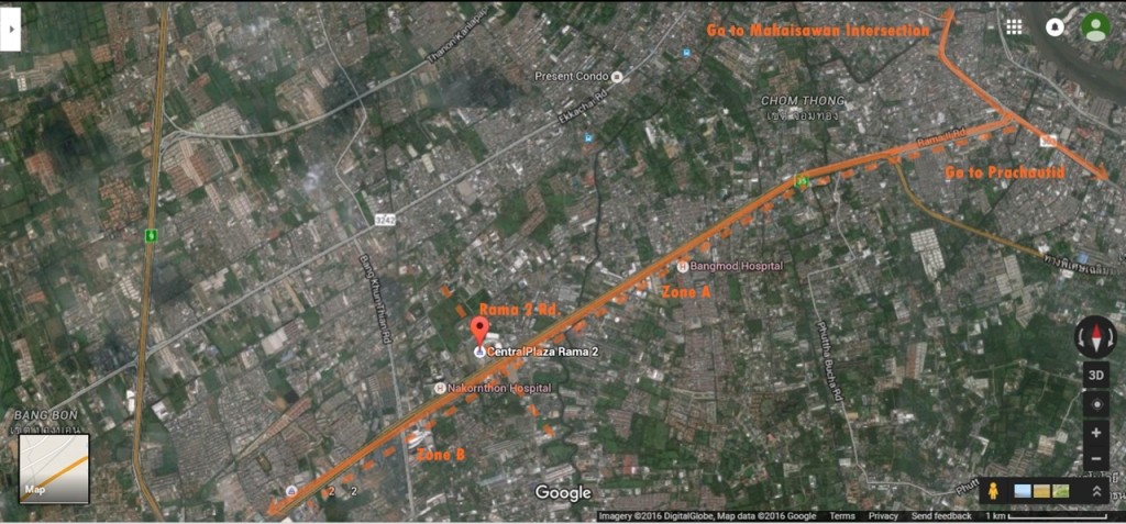 จากถนนพระราม 2 ให้วิ่งตรงยาวมาผ่านเซ็นทรัล พระราม 2 มาเรื่อยๆ ซึ่งเราสามารถเรียกจุดสิ้นสุดตรงเซ็นทรัลพระราม 2  ว่าเป็นจุดสิ้นสุดของพระราม 2 โซน A