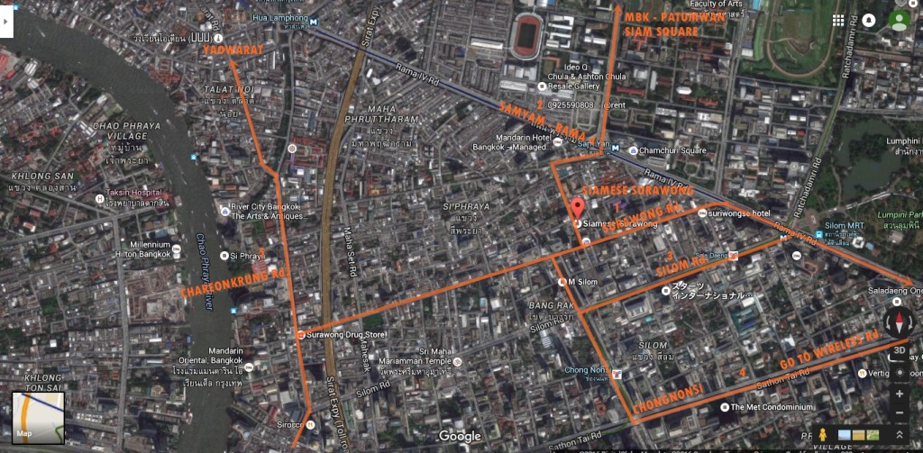 นับจากด้านหน้าของโครงการทิศตะวันออกมุ่งหน้าถนนสุรวงศ์ (หมายเลข 1)