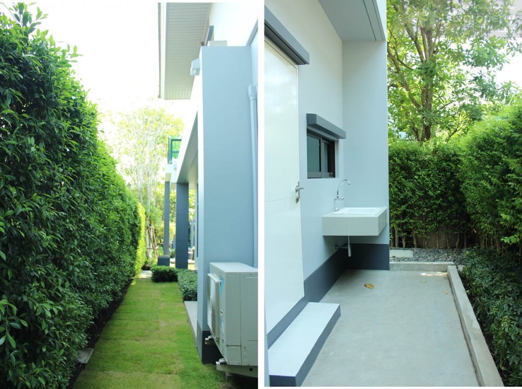 ซ้าย) สวนทางเดินข้างบ้านความกว้างประมาณ 0.65 เมตร  (ขวา) เป็นพื้นที่ซักล้างที่เทคอนกรีตขนาด 3.40x1.40 ม. มีอ่างล่างมือแถมให้มาด้วย