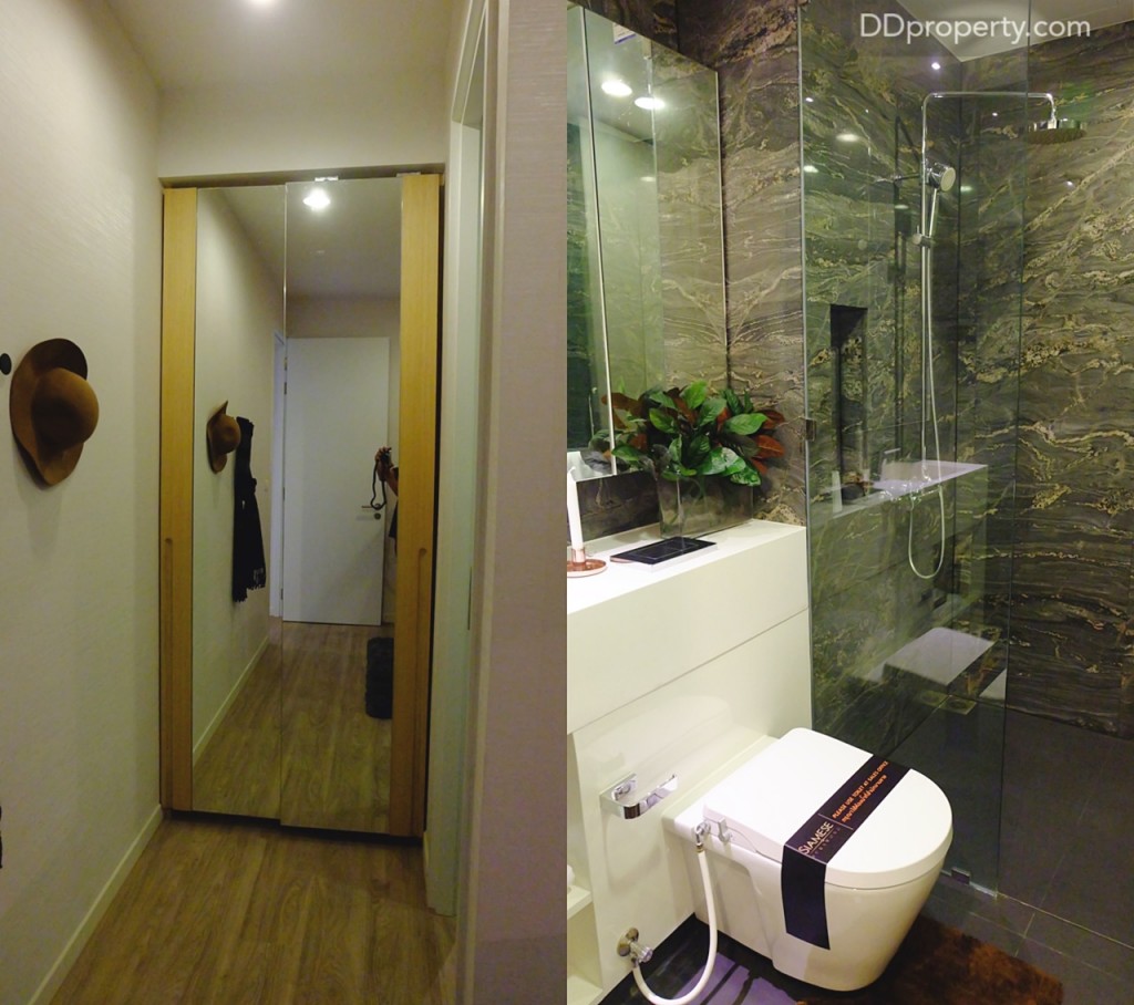 ตู้เสื้อผ้าบิลท์อินมาให้บริเวณหน้าห้องน้ำ, ห้องน้ำ spec เดียวกับห้องอื่นๆ เช่นกันแต่จะไม่มีอ่างอาบน้ำให้