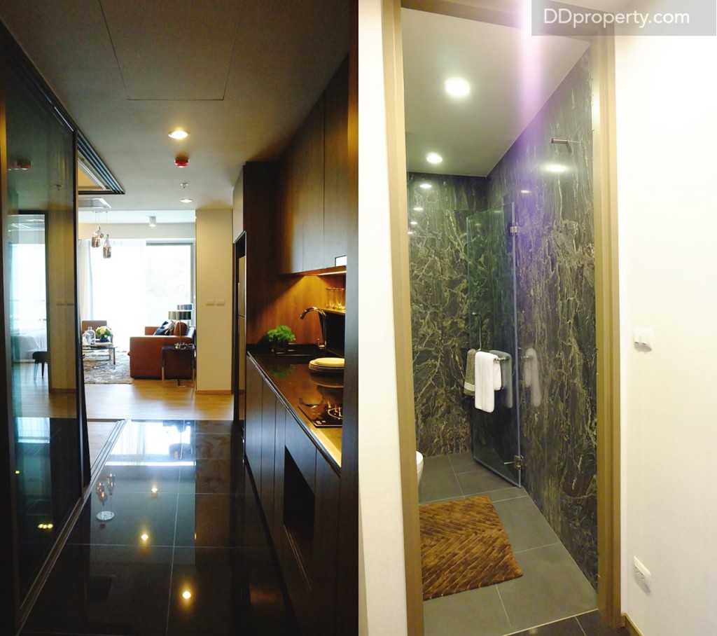 เมื่อเปิดประตูเข้ามาจะเจอกับเคาน์เตอร์ครัวอยู่ทางฝั่งขวามือและห้องน้ำอยู่ทางฝั่งซ้ายมือ