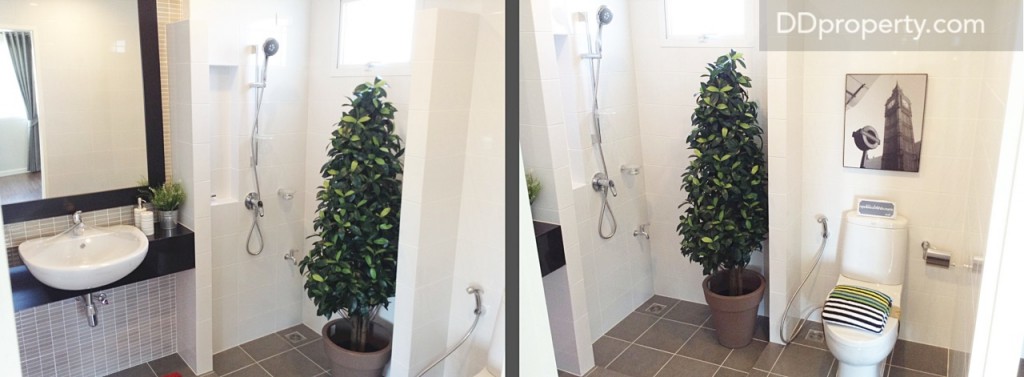 ภายในห้องน้ำชั้น 2 กั้นแบ่งพื้นที่ได้อย่างเป็นสัดส่วน คือ พื้นที่สำหรับอ่างล้างหน้า แยกส่วนจากส่วนอาบน้ำ และโถสุขภัณฑ์ ซึ่งเราสามารถทำฉากกั้นในส่วนอาบน้ำได้