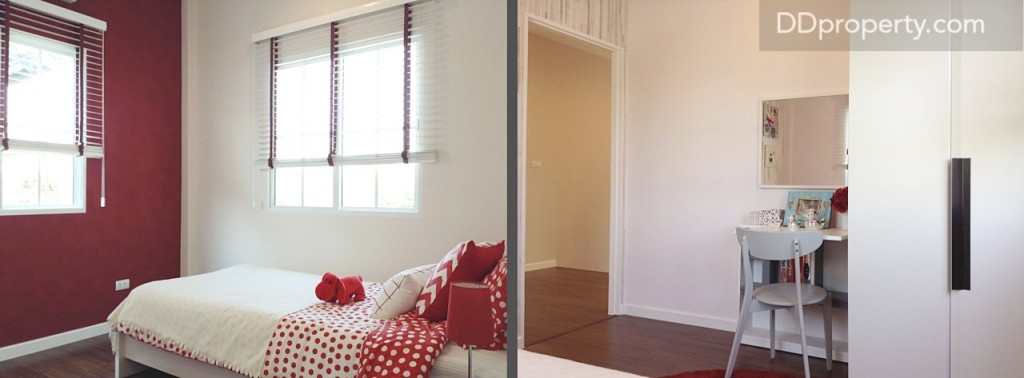 ห้องนอน 3 วางเตียงขนาด 3 ฟุต พร้อมตู้เสื้อผ้า และโต๊ะอ่านหนังสือ