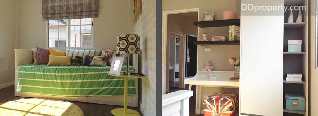 ห้องนอน 2 วางเตียงขนาด  3 – 5 ฟุต ได้  พร้อมตู้เสื้อผ้า และโต๊ะอ่านหนังสือได้เช่นกัน