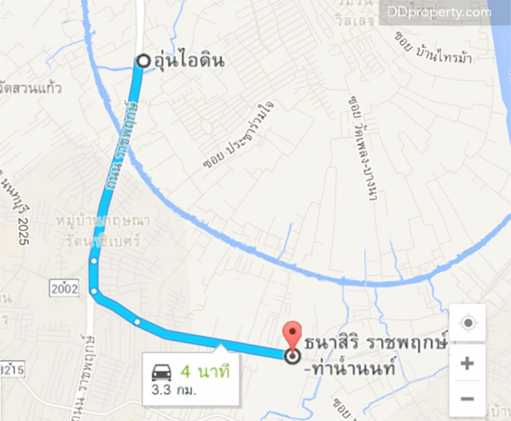 แผนที่แสดงจุดเริ่มต้น จากร้านอุ่นไอดิน บนถนนราชพฤกษ์ มุ่งหน้าไปยังโครงการ