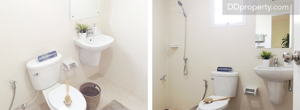 ห้องน้ำใช้ร่วมกัน มีทั้งส่วนเปียก-แห้ง และหน้าต่างบานกระทั้งให้ 1 จุด