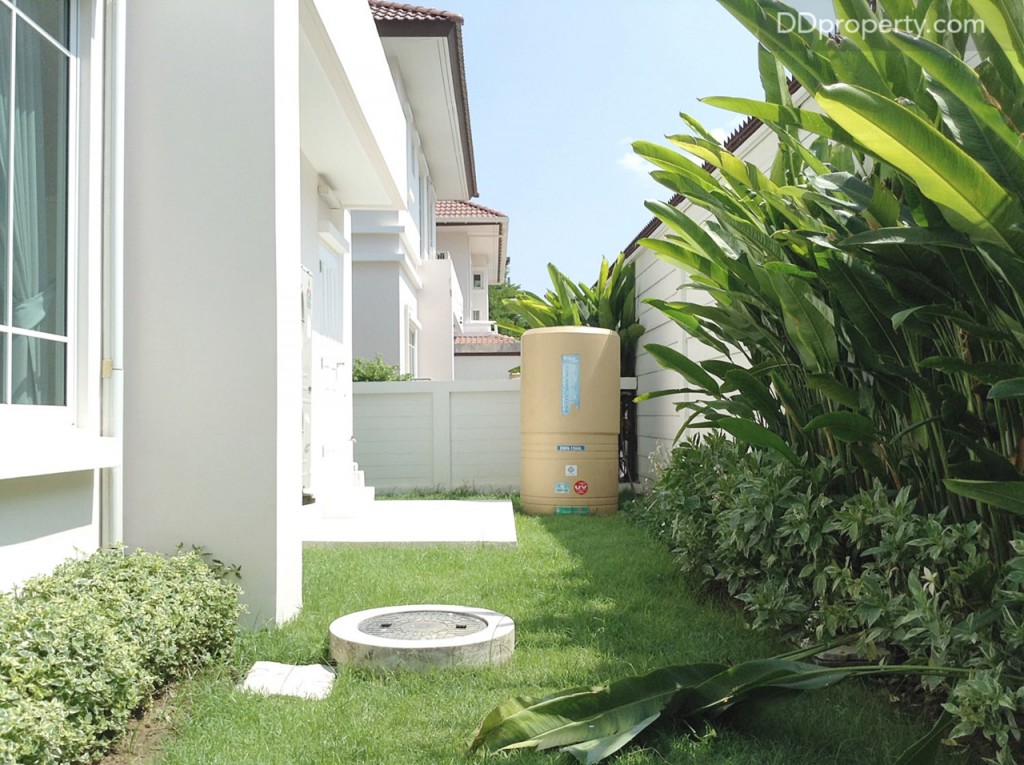 พื้นที่ว่างหลังบ้านก็ปูหญ้า และปลูกต้นไม้ ปลูกผักได้ อีกทั้งยังเป็นพื้นที่ซักล้าง และตั้งถังเก็บน้ำด้วย ถือว่ากว้างขวางเลยทีเดียว