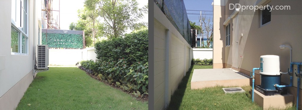 ด้านข้างของบ้าน ปูหญ้า จัดสวนไว้ให้   และส่วนซักล้างหลังบ้านยกสูงประมาณ 20 ซม. ให้ พร้อมก๊อกน้ำและปั๊มน้ำพร้อมใช้งาน