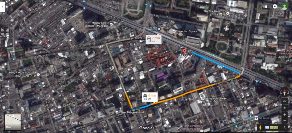 แผนที่จากโครงการไปยังร้าน Too Fast Too Sleep ให้เลือกใช้เส้นถนนสุรวงศ์เพื่อไม่ต้องกลับรถ ระยะทางประมาณ 1.5 กม.