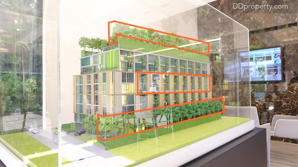 ตำแหน่งการจัดวางต้นไม้จะถูกจัดวาง ณ ชั้น 1 ชั้นที่ ดังนั้นชั้นที่ 2 จะเห็นวิวเป็นยอดของต้นไม้จากชั้น 1 ชั้น 3-4 ก็จะมีลักษณะการจัดวางลักษณะเดียวกันนั่นคือ 2   ยูนิตแนวตั้งจะได้วิวเป็นต้นไม้ต้นเดียวกัน