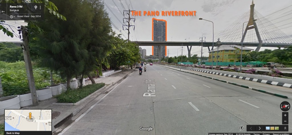 เมื่อลงสะพานมาจุดสังเกตคืออาคารสูงอาคารแรกที่อยู่ด้านหลังสะพานวงแหวนนั่นคือโครงการ เดอะ พาโน ริเวอร์ฟร้อนท์
