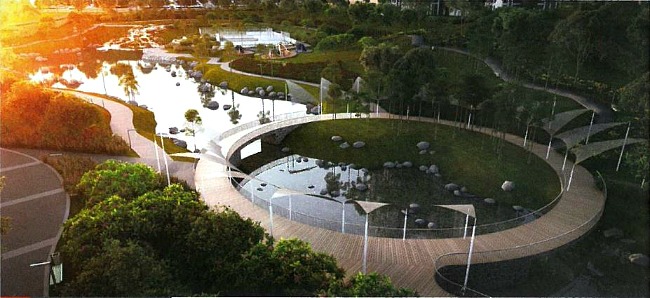 View of the 288-metre Promenade, which connects East Lake to West Lake, and a Central Ring that links the North and South Banks at the Central Park