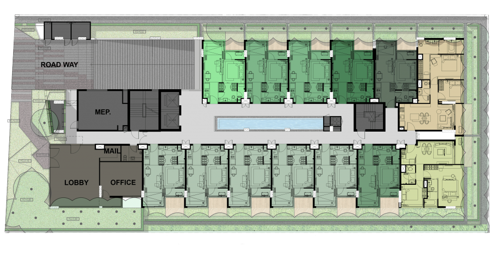 ชั้น 1 มีห้องขนาด 34 (1ห้องนอน), 35 (1ห้องนอน), 58 (2ห้องนอน),  และ 65 ตร.ม. (2ห้องนอน)