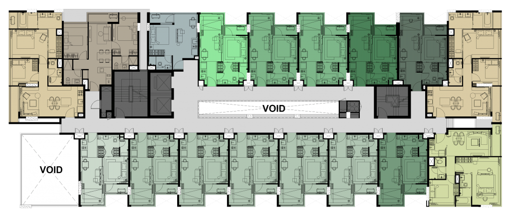 ชั้น 2 มีห้องขนาด 28 (1ห้องนอน), 34 (1ห้องนอน), 34.5 (1ห้องนอน), 35 (1ห้องนอน), 58 (2ห้องนอน) และ 65 ตร.ม. (2ห้องนอน)