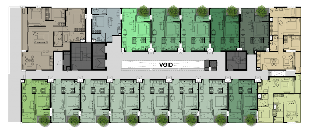 ชั้น 7 มีห้องขนาด 28, 34, 34.5, 35, 58, 65 และ 97 ตร.ม. (3 ห้องนอน)