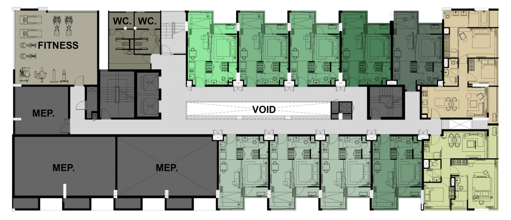 ชั้น 8 มีห้องขนาด 34, 34.5, 35, 58 และ 65 ตร.ม. พื้นที่ส่วนกลาง: ฟิตเนส สามารถขึ้นไปยัง rooftop ได้จากบันไดชั้นนี้