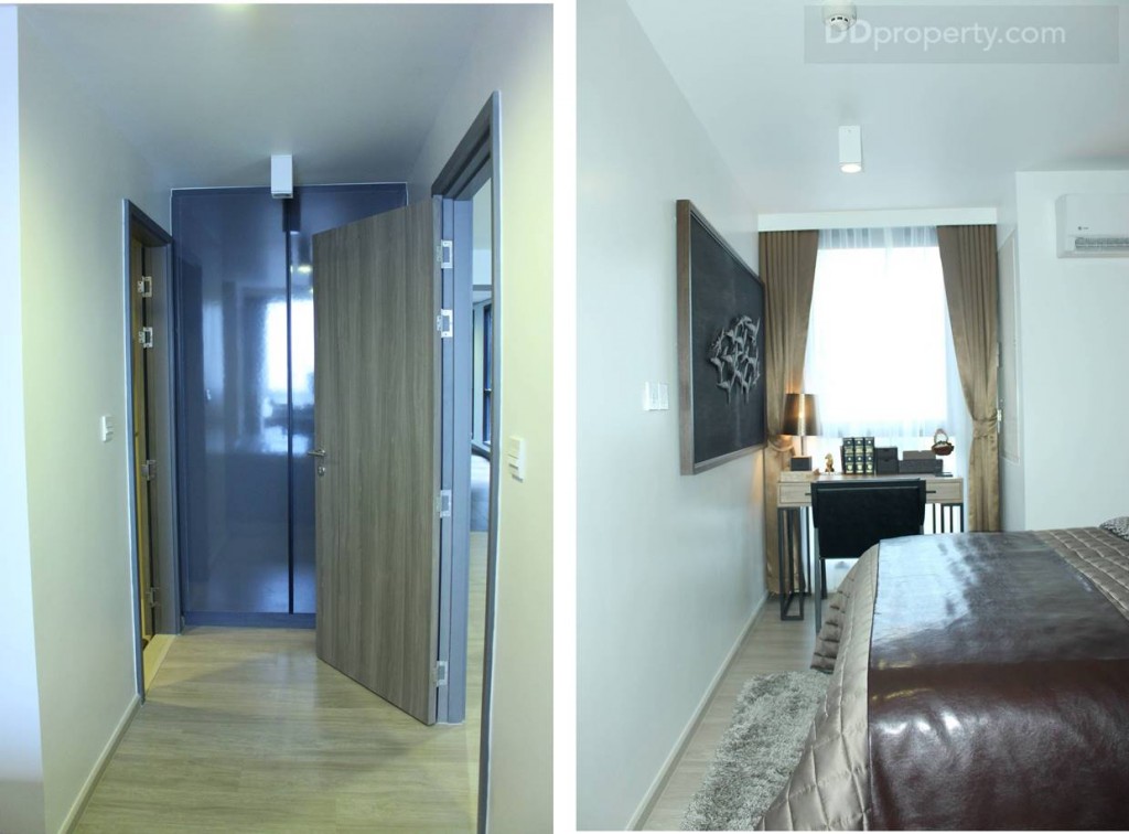 มุมมองภายในห้องนอนใหญ่ (ซ้าย) เป็นมุมมองทางซ้ายมือ ซึ่งเป็นห้องน้ำส่วนตัว และตู้เสื้อผ้าบิลท์อิน  (ขวา) เป็นมุมมองทางขวามือของทางเข้าซึ่งจะเป็นโต๊ะทำงาน และหน้าต่างห้องนอน