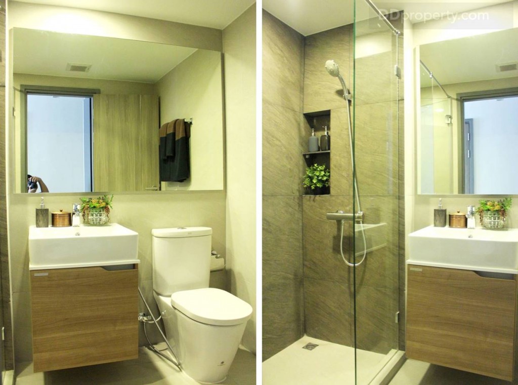 รูปแบบของห้องน้ำจะเหมือนกันหมด แยกส่วนเปียก-แห้ง กระจกบานใหญ่ สุขภัณฑ์ American Standard