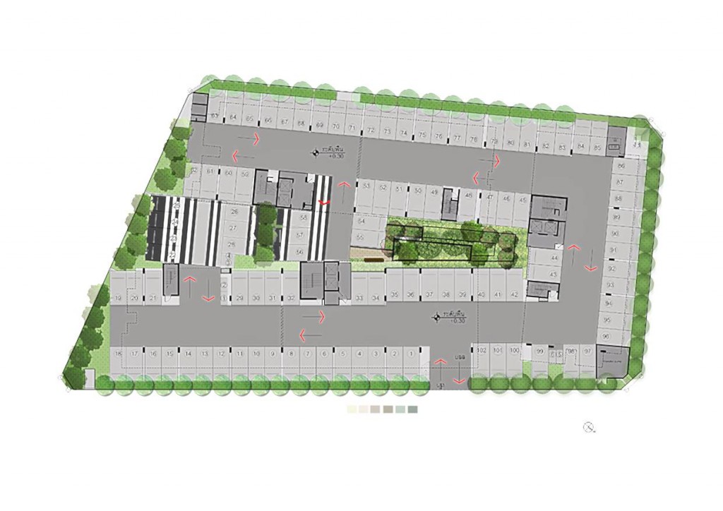 แปลนชั้น 1 แปลนโครงการเป็นทรงสี่เหลี่ยมผืนผ้า โครงการจะมีทางเข้า-ออกเพียงด้านเดียวคือจากทางถนนซอยพหลโยธิน 52 เมื่อขับเข้ามาภายในโครงการสามารถจอดรถได้ที่บริเวณชั้น 1 ของทั้ง 3 อาคาร โดยจะมีทั้งที่จอดในร่ม และที่จอดรอบๆ อาคารที่เป็นแบบจอดกลางแจ้ง โดยจำนวนที่จอดรถจะมีอยู่ประมาณ 115 คันคิดเป็น 42 % รวมจอดซ้อนคันแบบเวียน