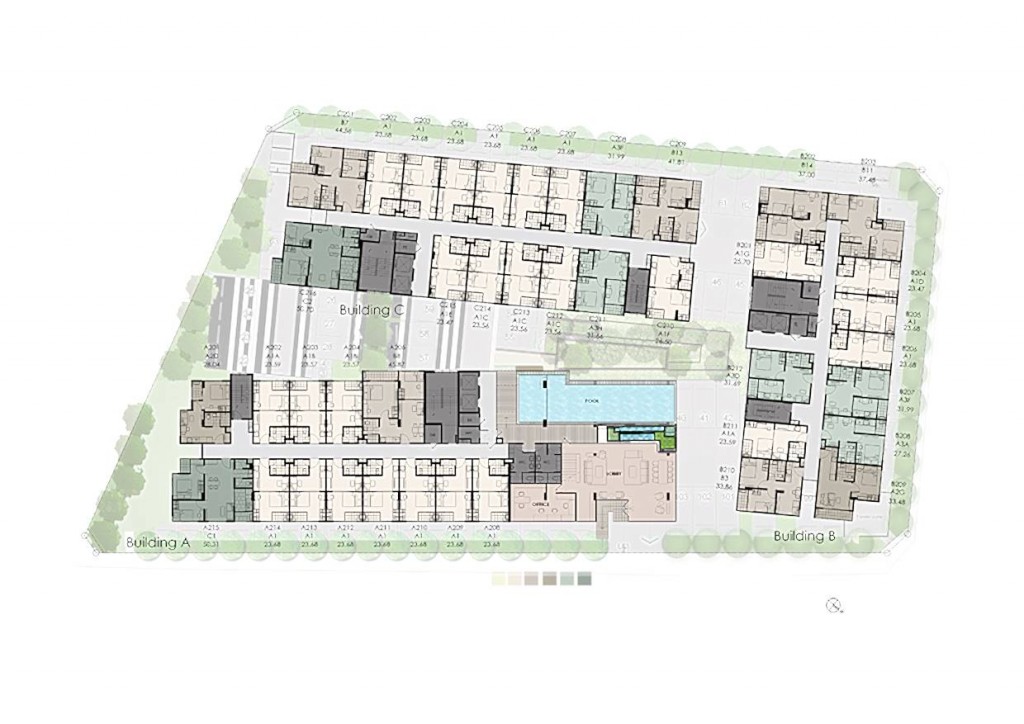 แปลนชั้น 2 พื้นที่ส่วนกลางของโครงการเกือบทั้งหมดจะอยู่ที่ตึก A ที่ประกอบไปด้วยล็อบบี้แบบ Double Volume สูง 5 ม. ขนาด 80 ตร.ม. ห้องนิติบุคคล, และสระว่ายน้ำ ขนาด 5 x 16 เมตรโดยประมาณ