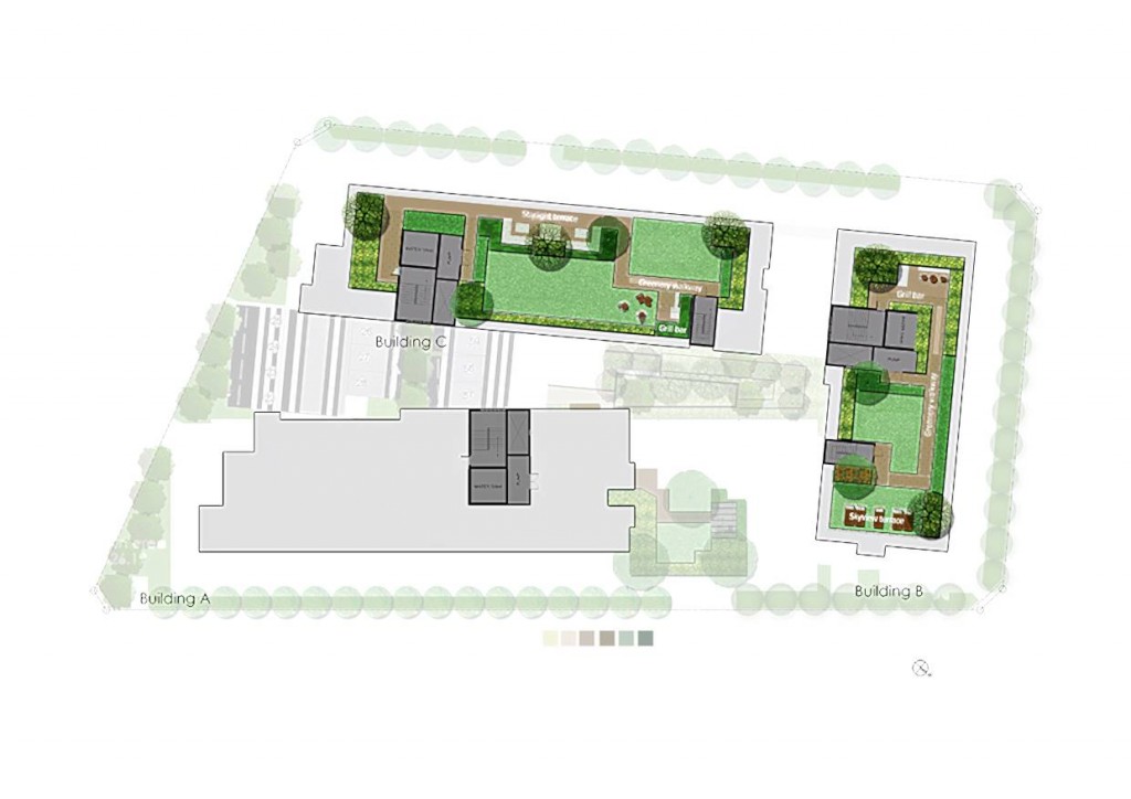 พื้นที่ส่วนกลางของอาคาร B และ C จะมีสวนอยู่ที่บริเวณดาดฟ้าของอาคาร แต่ทุกอาคารสามารถใช้สิ่งอำนวยความสะดวกต่างๆ ร่วมกันได้หมด