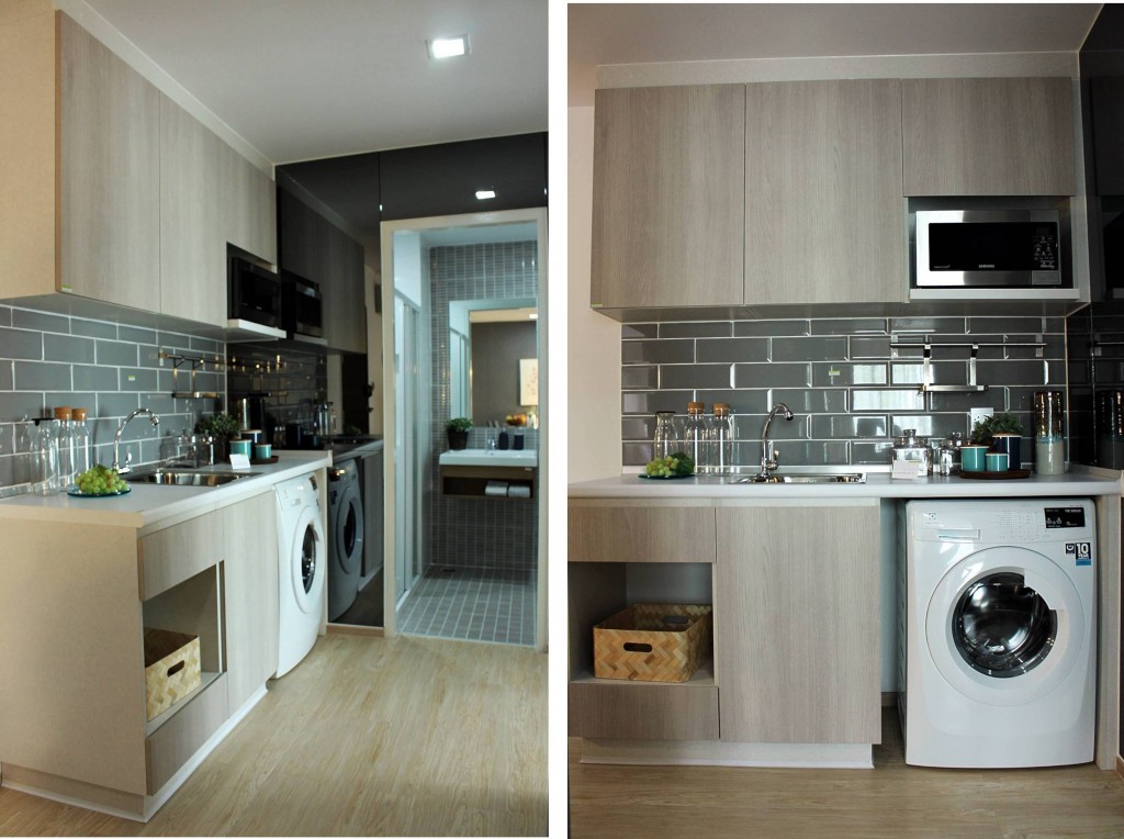 ครัวมีการบิลท์อินเต็มพื้นที่ ให้ด้านบนเป็นที่เก็บของแห้ง ส่วนด้านล่างจะเป็นที่วางจานชาม ท็อปผนังดวยกระเบื้องผิวเรียบเพื่อง่ายในการทำความสะอาด ส่วนเครื่องใช้ไฟฟ้าจะเป็นไปตามโปรโมชั่นของแต่ละเดือน