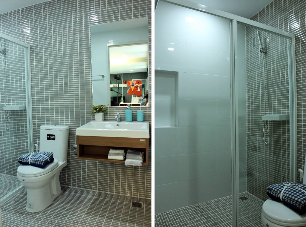 พื้นปูด้วยกระเบื้อง ผนังกรุกระเบื้องลายเดียวกันกับพื้น ส่วนฝ้าเพดานเป็นยิปซั่มบอร์ดกันชื้นฉาบเรียบ มีการแยกส่วนเปียก-แห้งอย่างชัดเจน ชุดอ่างล้างหน้า ตัวอ่างมีขนาด 60 x 52 ซม. จะมีพื้นที่สำหรับวางของเหนืออ่างได้นิดหน่อย ข้างใต้เป็นชั้นสำหรับวางของและอุปกรณ์ต่างๆได้