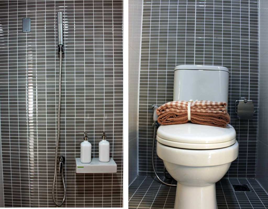 อุปกรณ์ชุดอาบน้ำของ American Standard มีการวางระบบสายไฟให้พร้อม เราสามารถเอาเครื่องทำน้ำอุ่นมาติดตั้งได้เลย ไม่ยุ่งยาก ชุดโถสุขภัณฑ์ เป็นของ Mogen สายชำระ และที่ใส่กระดาษทิชชู เป็นของ American Standard