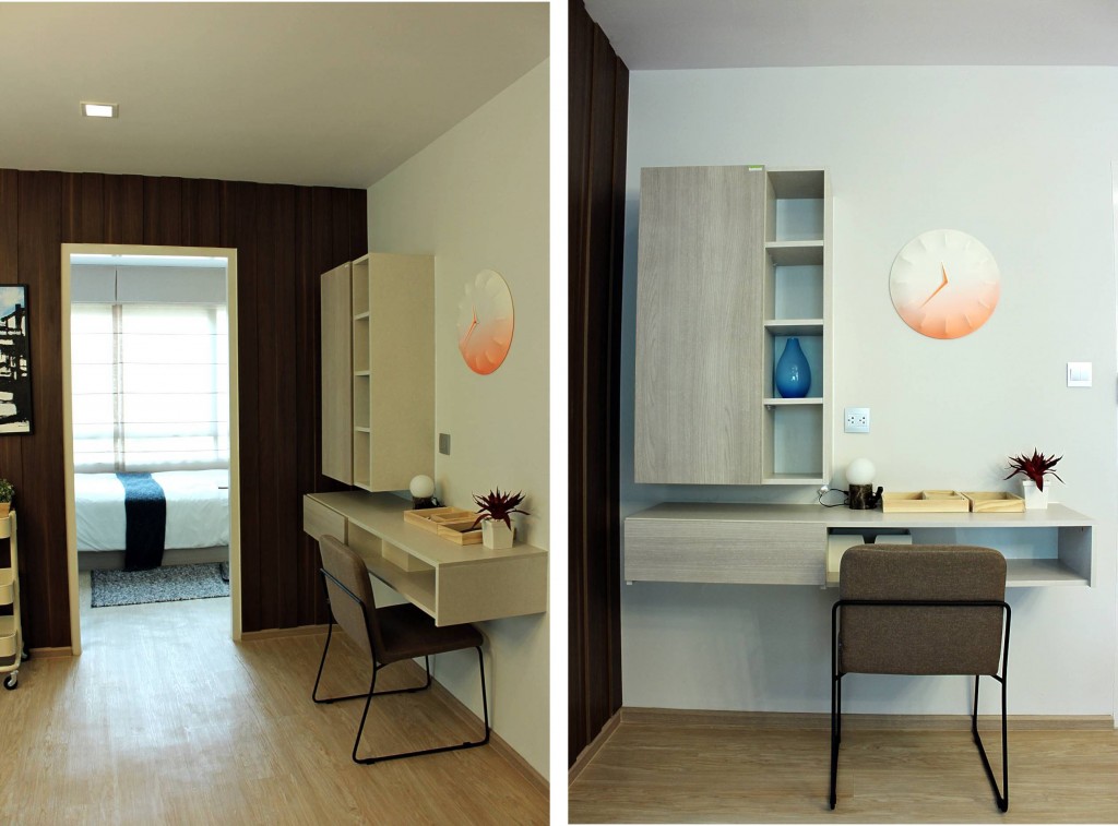 เมื่อเข้ามาขวามือจะมีโต๊ะทำงานบิลท์อิน พร้อมที่เก็บของ ซึ่งทางโครงการเน้นให้มีโต๊ะทำงานทุกห้องเพื่อตอบโจทย์ไลฟ์สไตล์ของคนทำงาน มุมทำงานนี้ยังตั้งอยู่บริวเวณหน้าห้องนอนเล็ก