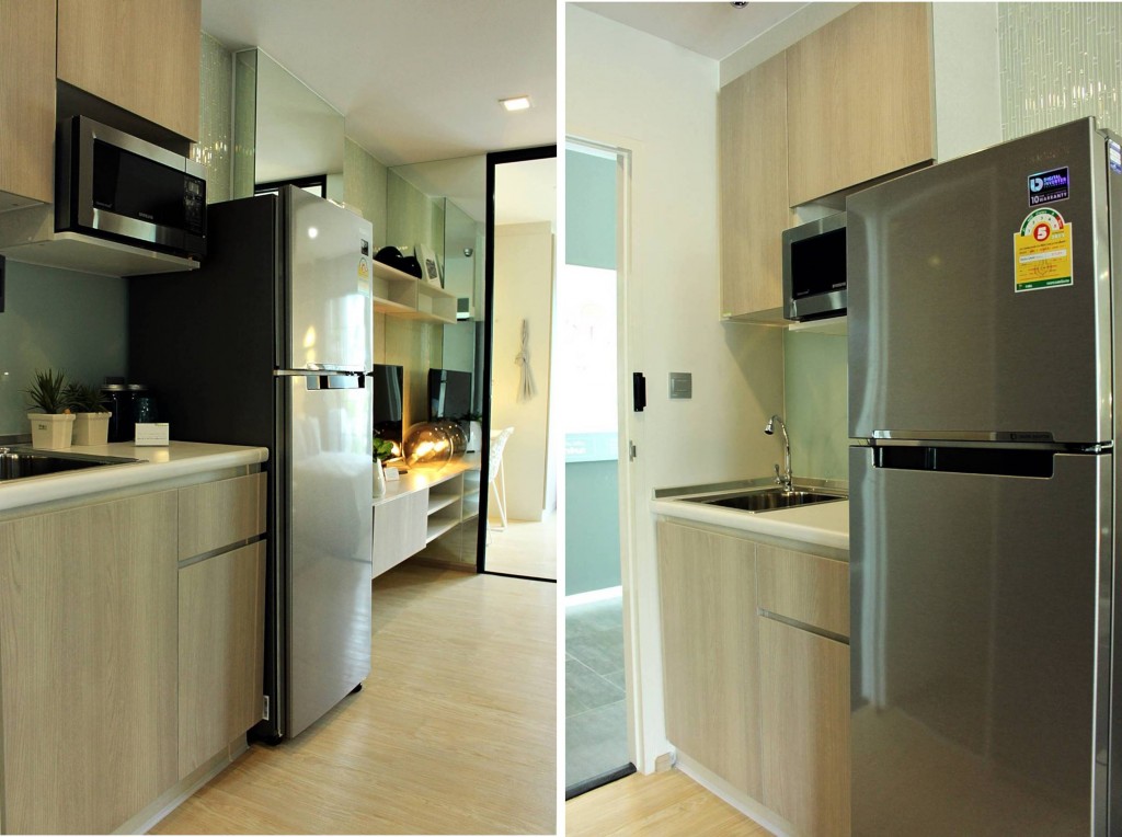 การจัดวางแปลนของห้องแบบ 1 ห้องนอนนี้จะมีพื้นที่ของห้องครัวอยู่ตรงบริเวณทางเข้า โดยทางโครงการจะบิลท์อินชุดครัวมาให้ พร้อม ส่วนเครื่องใช้ไฟฟ้านั้นอาจมีการเปลี่ยนไปตามโปรโมชั่น