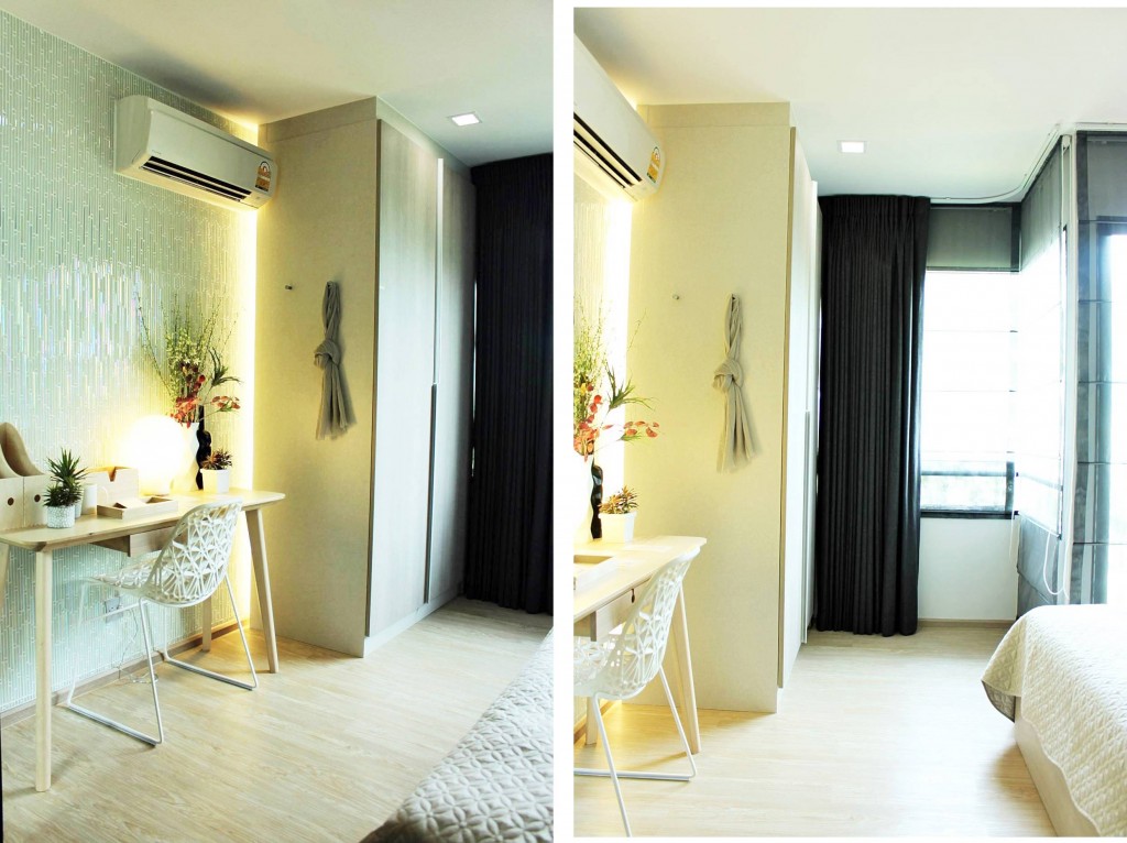 พื้นห้องนอน ห้องนั้งเล่นและครัวใช้วัสดุพื้นเป็นพื้นไวนิลลายไม้  ในส่วนของผนังจะเป็นยิปซัมบอร์ดฉาบเรียบ พร้อมบิลท์อินตู้เสื้อผ้าไว้ภายในห้องนอน