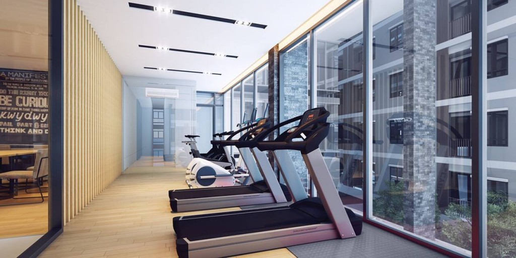 ภาพจำลองมุมมองพื้นที่ภายในของห้องออกกำลังกายวิวสระว่ายน้ำ ขนาด 35 ตร.ม.