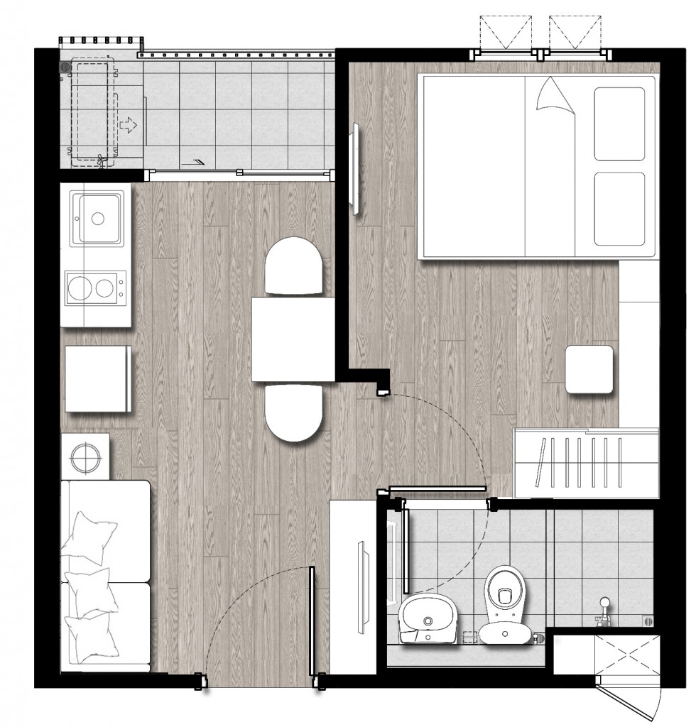 ประกอบด้วย: 1 โซนนั่งเล่น, 1 โซนครัว, 1 โซนรับประทานอาหาร, 1 ห้องนอน, 1 ห้องน้ำ, ระเบียงส่วนตัว