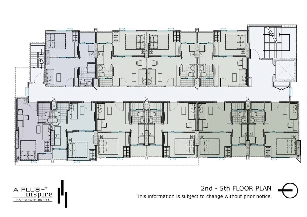 ชั้น 2 - 5 เป็นส่วนพักอาศัย ห้องสตูดิโอ 1 ห้องน้ำ   ขนาด 20-21 ตร.ม.  จำนวน  7  ห้อง,1 ห้องนอน 1 ห้องน้ำ ห้องครัว ห้องนั่งเล่น  ขนาด  25,27,28 ตร.ม. จำนวน  63 ห้อง