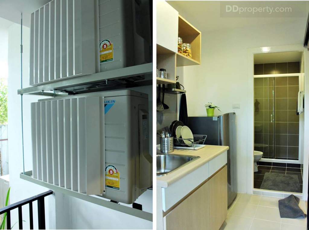 คอมเพรสเซอร์แอร์ ติดตั้งแบบลอยตัวเพื่อด้านล่างจะได้เอาเครื่องซักผ้าวาง แต่น่าจะว่างได้แต่แบบฝาหน้า ถ้าเป็นแบบฝาบนคงจะติด ส่วนห้องจริงไม่มีแอร์มาให้นะครับต้องติดเอาเอง ถ้าใครมีเครื่องฝาบนก็ยกคอมเพรสเซอร์แอร์ ให้สูงหน่อยก็น่าจะพอวางเครื่องซักผ้าแบบฝาบนได้