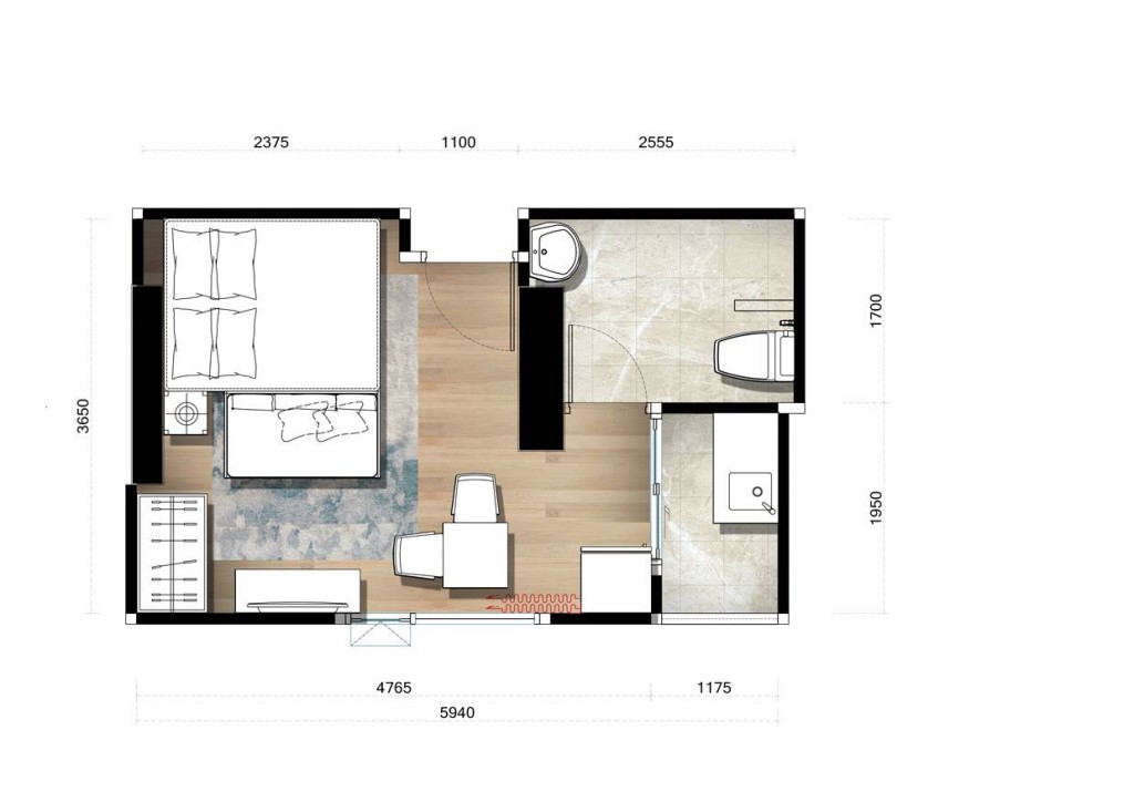 แบบ 1 ห้องนอน 1 ขนาด  25,27,28 ตร.ม. จำนวน  63 ห้อง