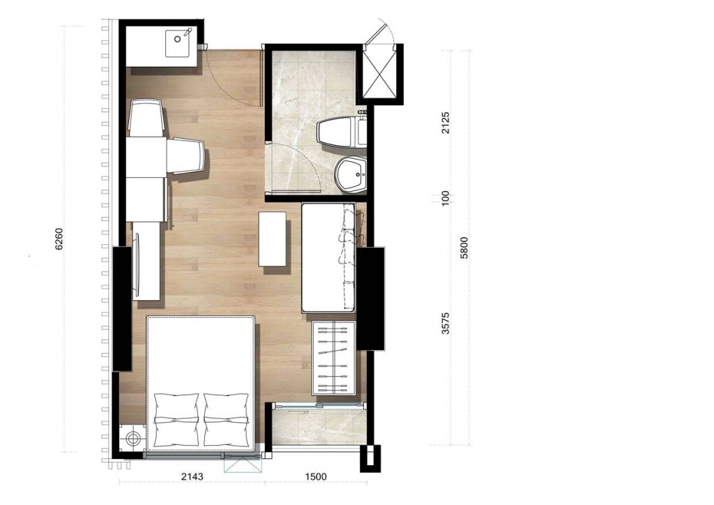 แบบห้องสตูดิโอ 1 ห้องน้ำ   ขนาด 20-21 ตร.ม.  วิวสวนจำนวน  3  ห้อง