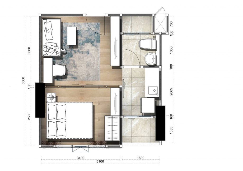 แบบห้องสตูดิโอ 1 ห้องน้ำ   ขนาด  21 ตร.ม.  จำนวน 4  ห้อง