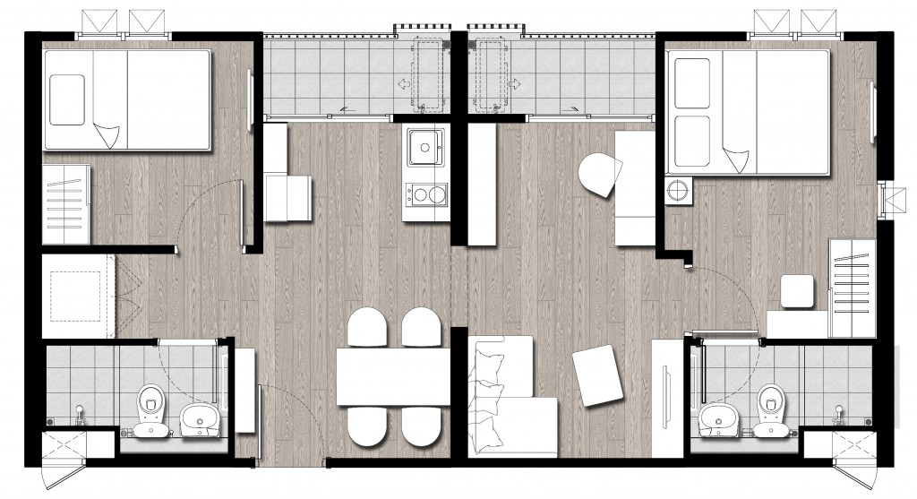 ประกอบด้วย: 1 โซนครัว, 1 โซนรับประทานอาหาร พร้อมระเบียงส่วนตัว, 1 ห้องนั่งเล่น+โซนทำงาน พร้อมระเบียงส่วนตัว, 2 ห้องนอน, 2 ห้องน้ำ