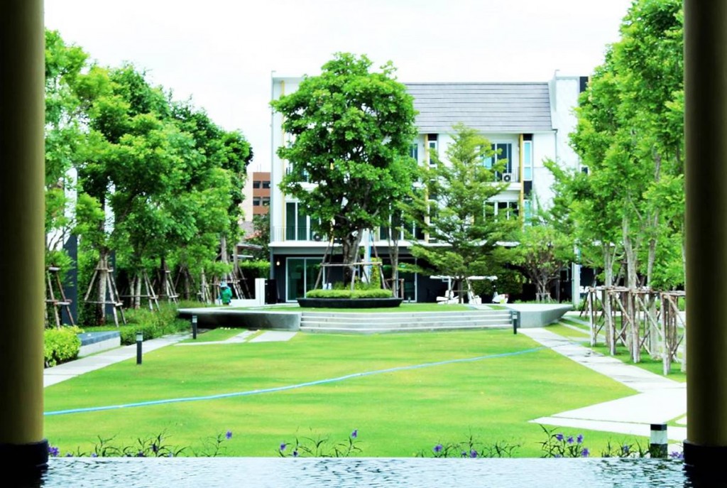 มุมมองจากสระว่ายน้ำไปยังบ้านตัวอย่างของโครงการ 