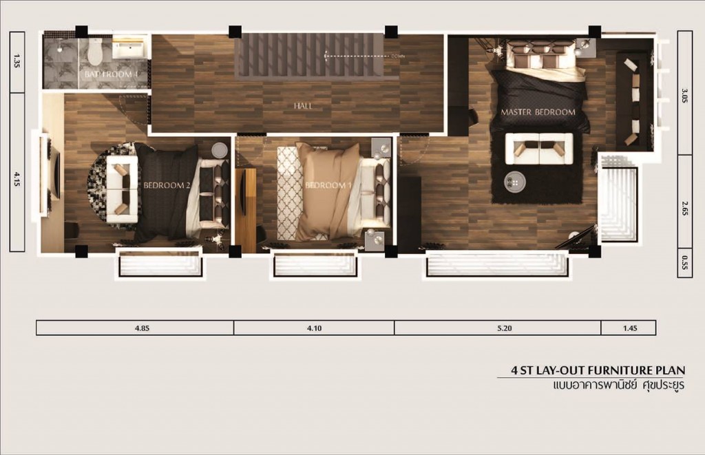 ชั้น 3 (bedrooms) พื้นที่ชั้น 3 เป็นห้องนอน 3 ห้องให้ความรู้สึกความเป็นส่วนตัวยิ่งขึ้น และ ห้องน้ำ 1 ห้อง