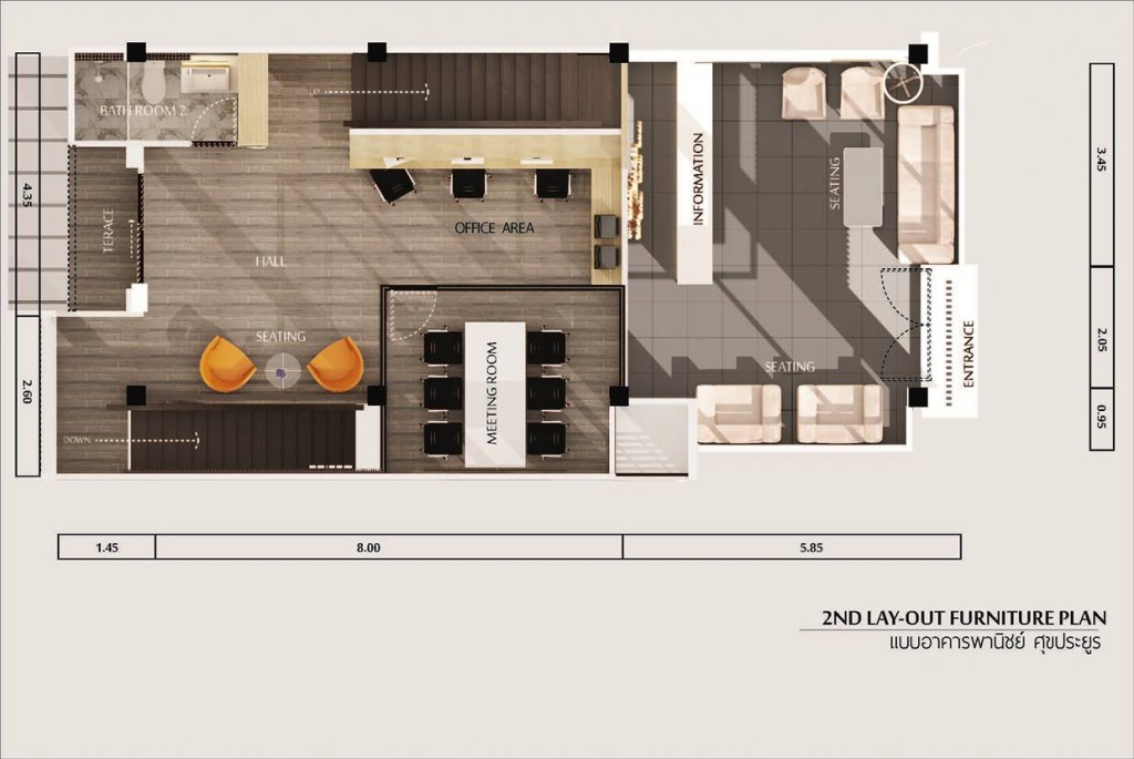 ชั้นลอย (Office Area) พื้นที่ชั้นลอย มีพื้นที่สำหรับทำงานขนาดใหญ่เต็มพื้นที่ ห้องประชุม และห้องน้ำจำนวน 1 ห้อง