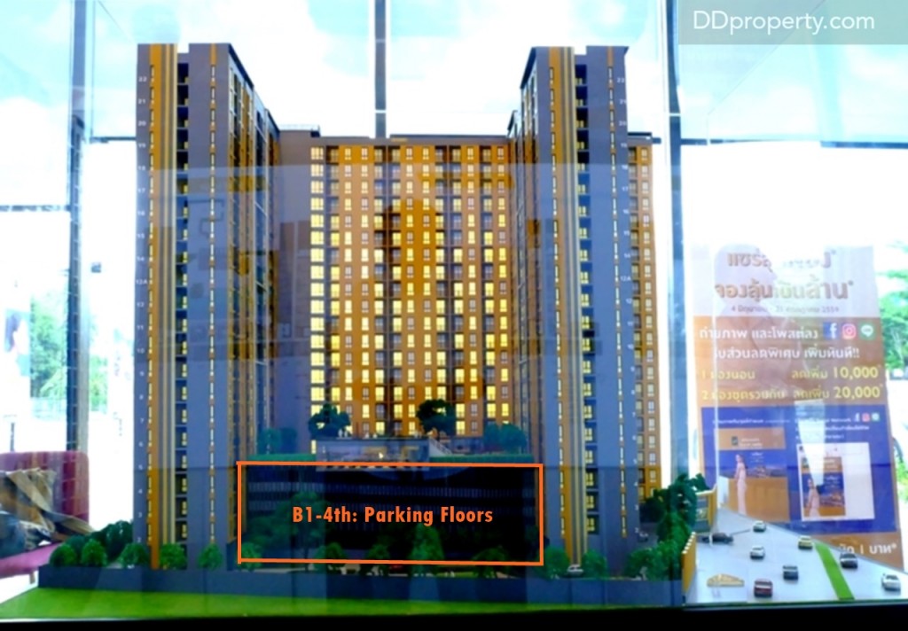 รูปลักษณ์อาคารเป็นลักษณะตัว "U" โดยด้านที่เป็นทรงตัวยู  พื้นที่จอดรถมีประมาณ 41% (รวมซ้อนคัน) ไล่มาตั้งแต่ชั้นใต้ดินมาจนถึงชั้น 4