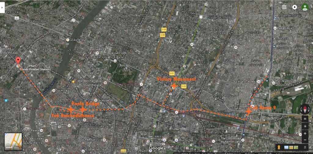 เลือกใช้เส้นราชดำเนินเพื่อเข้ามายังถนนราชปรารภซึ่งเป็นจุดที่สามารถเข้าไปยังถนนพระราม 9 ได้