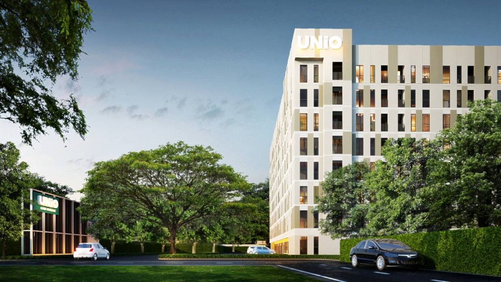 ภาพจำลองด้านหน้าทางเข้าโครงการทางอาคาร A ซึ่งโครงการมีทางเข้า-ออกได้ถึง 2 ทาง