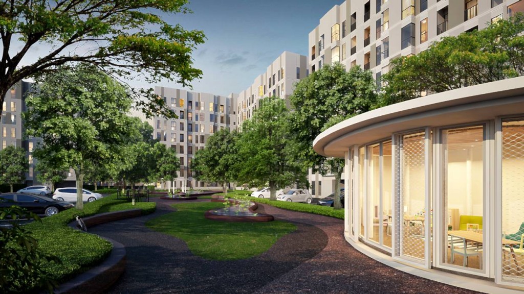 ภาพจำลองพื้นที่ส่วนกลางภายในโครงการกับเส้นทางสำหรับวิ่งออกกำลังกายรอบโครงการ