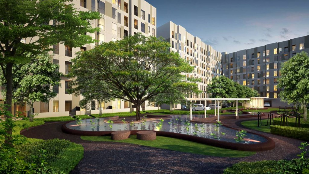 ภาพจำลองสวนหย่อมสำหรับนั่งพักผ่อนภายในโครงการ ประกอบไปด้วยพื้นที่สวนหย่อม ลู่วิ่ง และลู่ปั่นจักรยาน รวมไปถึงสระบัว