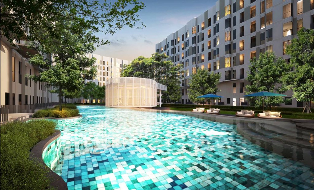 ภาพจำลองพื้นที่ภายในโครงการที่มาพร้อมสระว่ายน้ำกลางแจ้งขนาดใหญ่